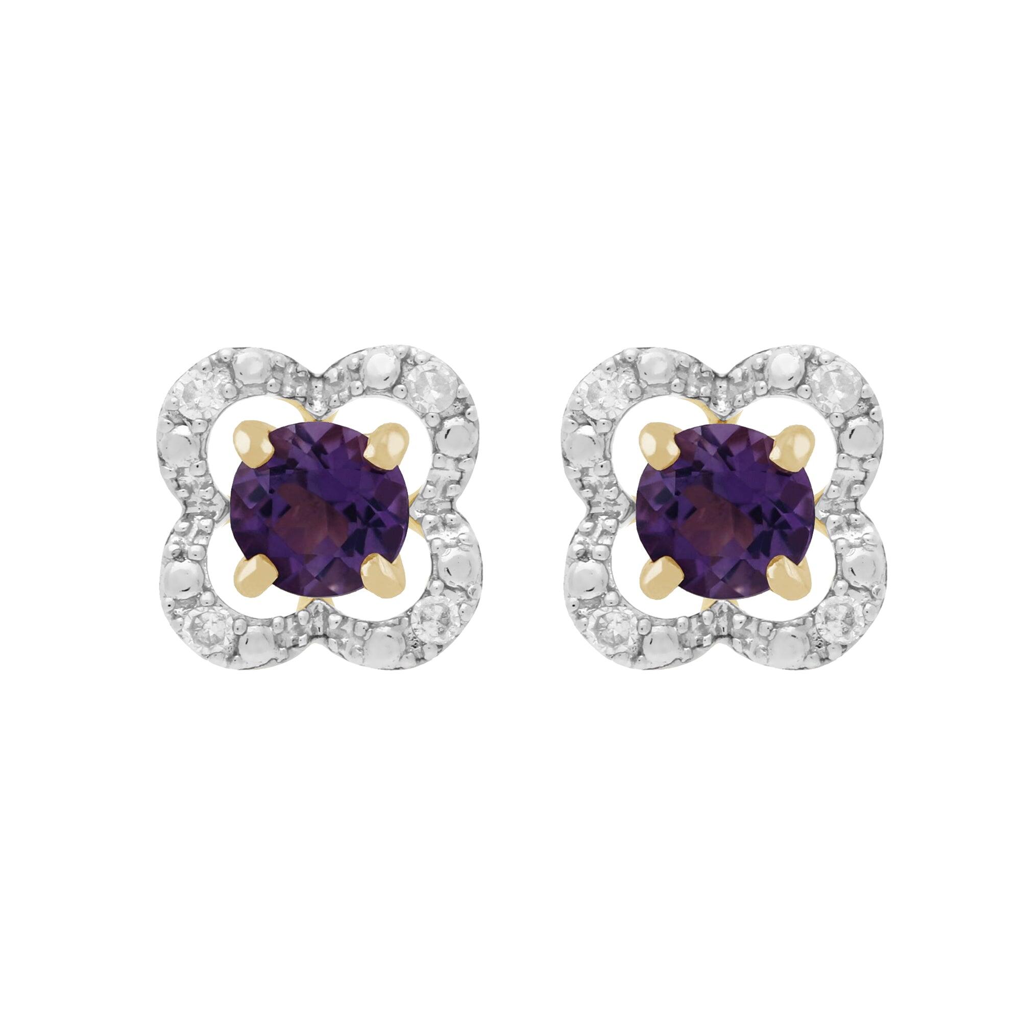 Classic Round Amethyst Stud Earrings with Detachable Diamond Floral Ear Jacket in 9ct Yellow Gold