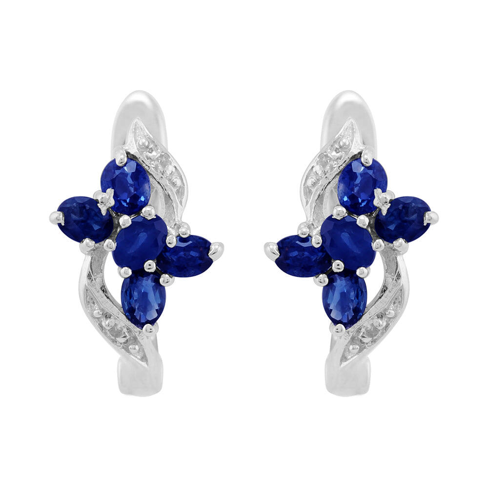 Classic Floral Sapphire & Diamond Hoop Earrings in Sterling Silver