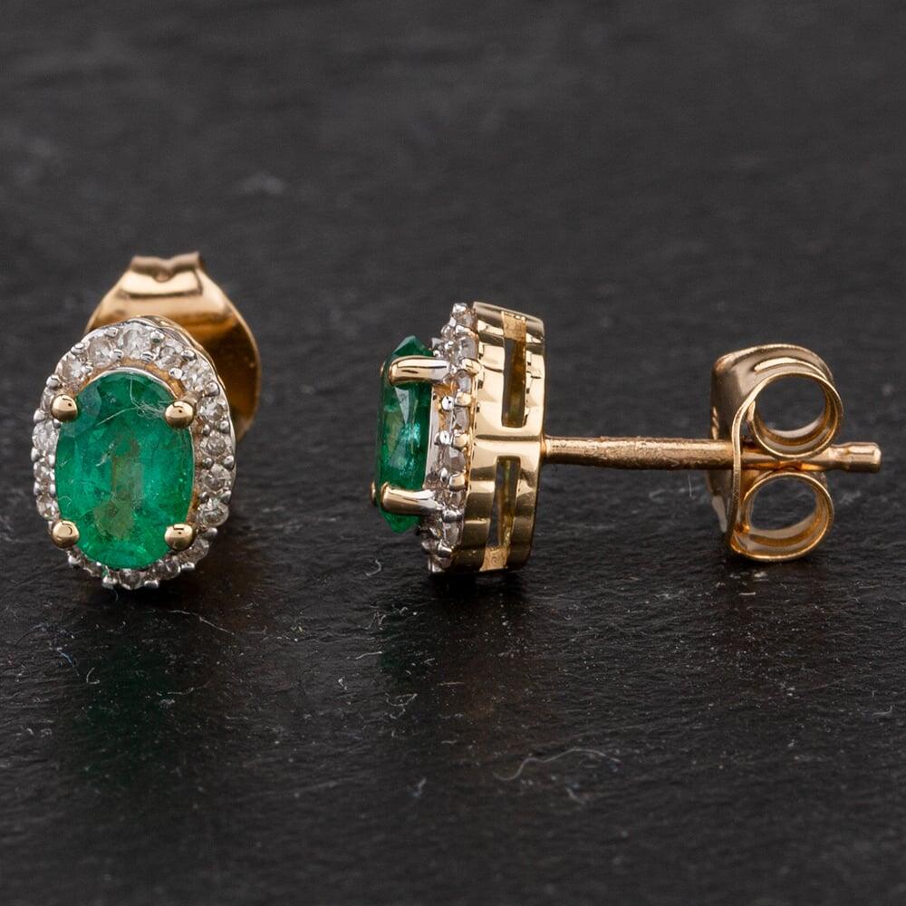 Pre-Owned 14ct Yellow Gold Emerald and Diamond Stud Earrings 4317047