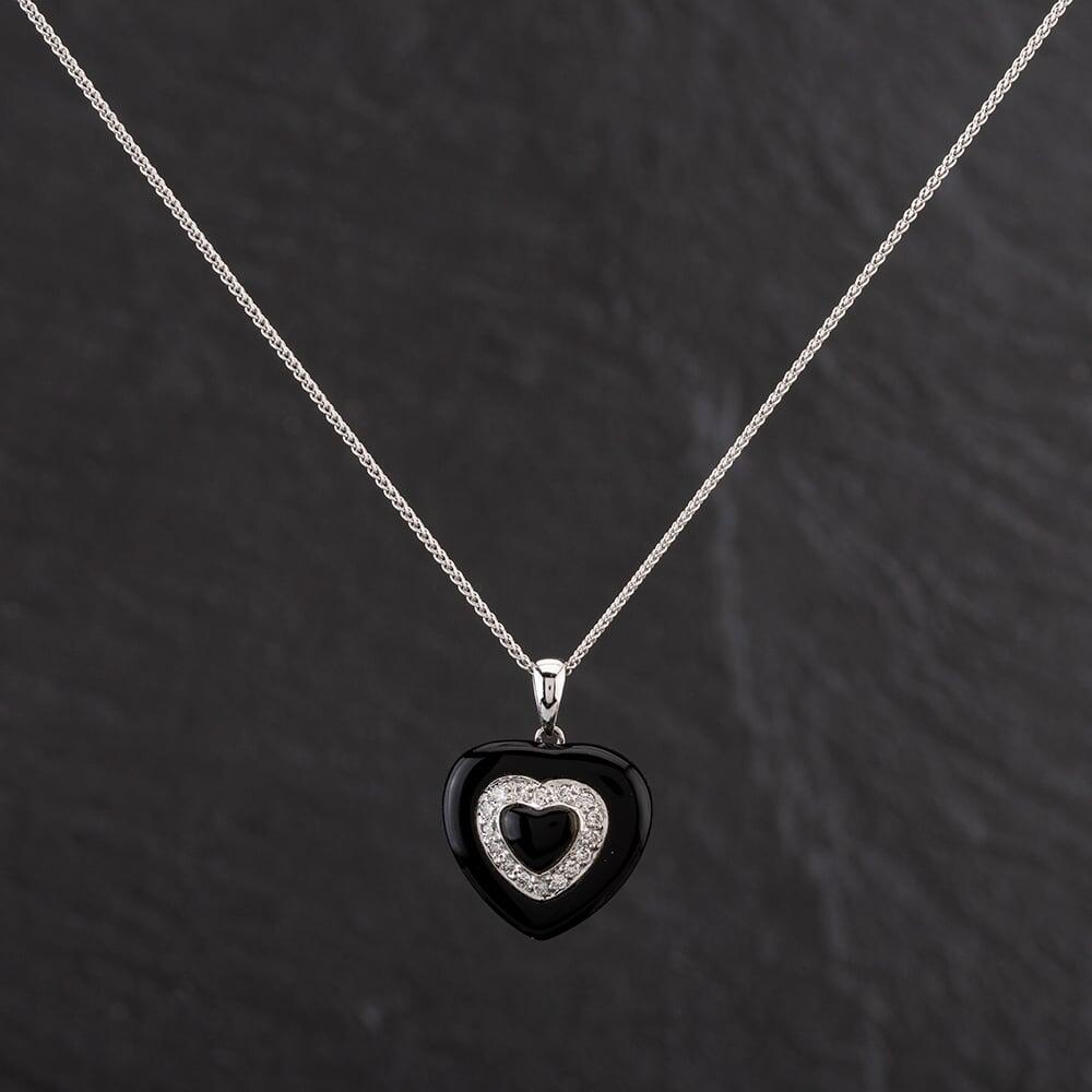 Pre-Owned 14ct White Gold Heart Shape Black Onyx and Diamond Pendant 4314582