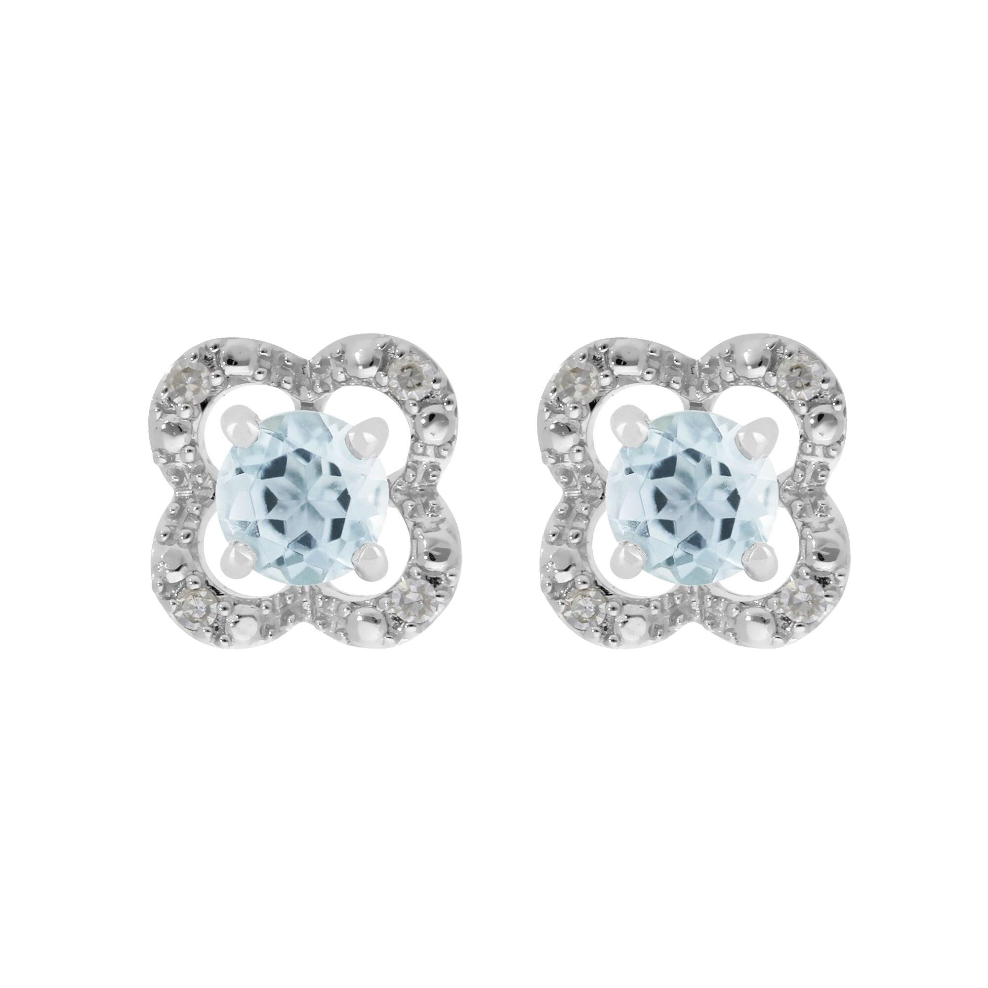 Classic Round Aquamarine Stud Earrings with Detachable Diamond Flower Ear Jacket in 9ct White Gold