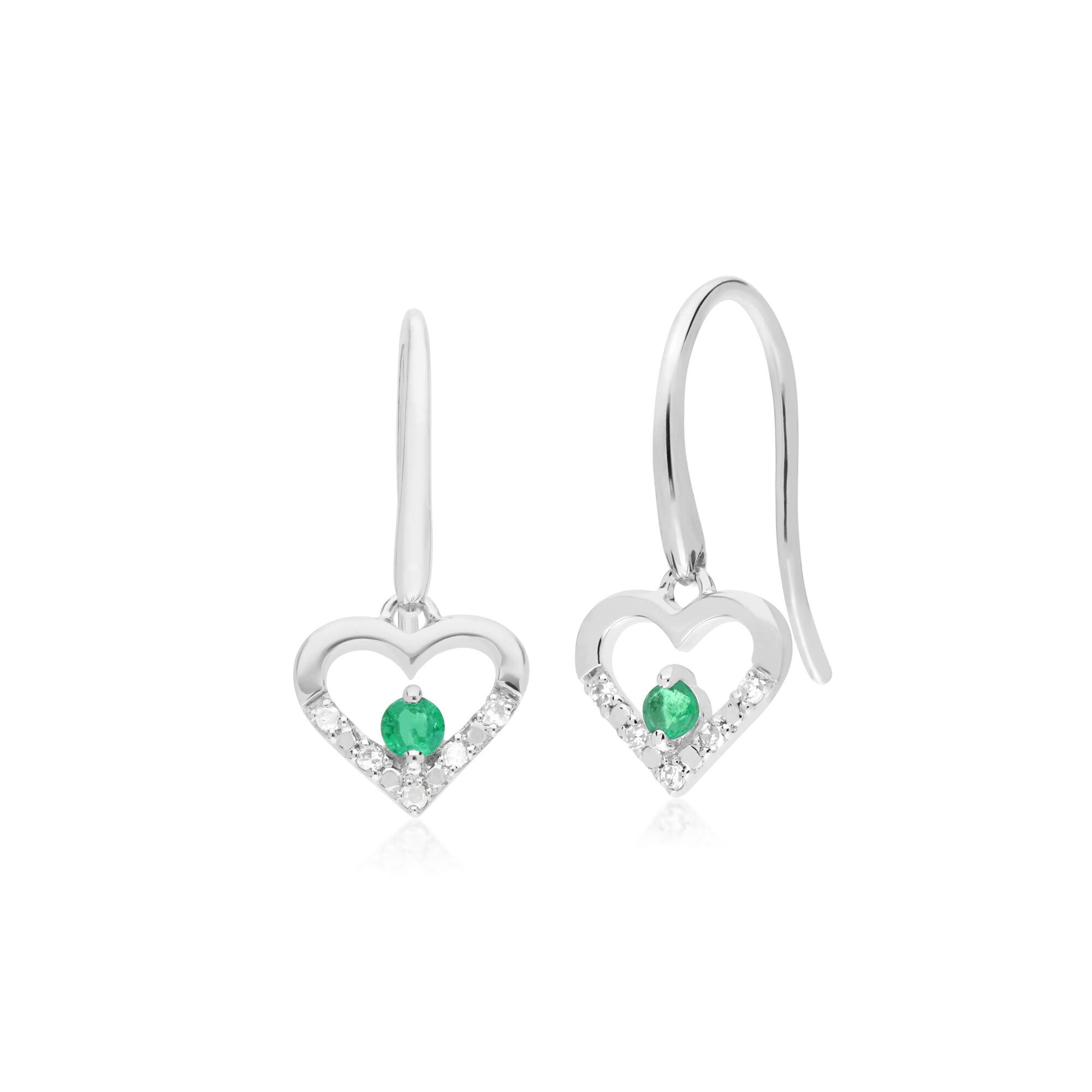 Classic Round Emerald & Diamond Love Heart Shaped Drop Earrings in 9ct White Gold