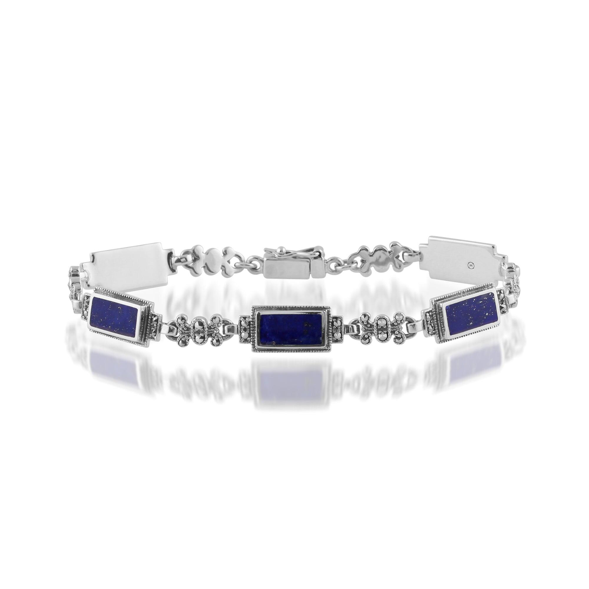 Art Deco Style Rectangle Lapis Lazuli & Marcasite Bracelet