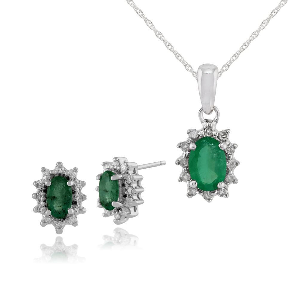 Classic Oval Emerald & Diamond Halo Cluster Stud Earrings & Pendant Set in 9ct White Gold