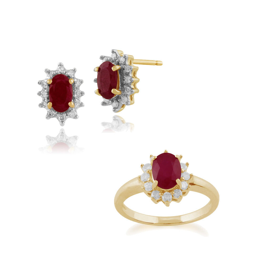Classic Oval Ruby & Diamond Halo Cluster 9ct Gold Stud Earrings & Ring Set