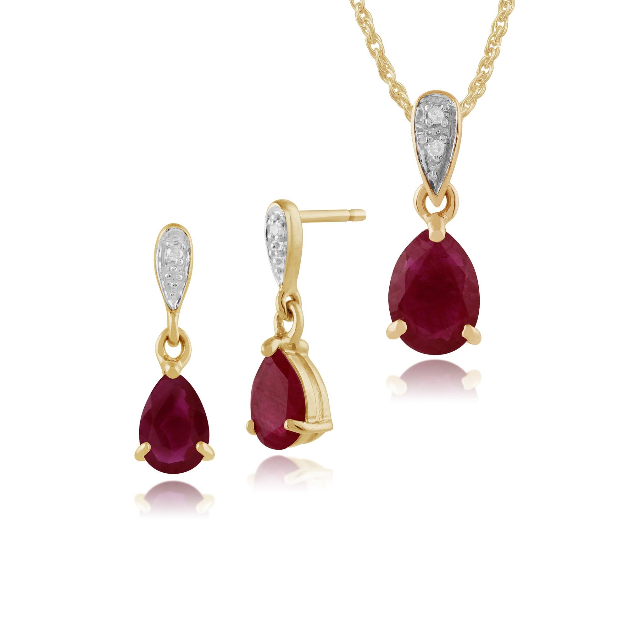 Classic Pear Ruby & Diamond Drop Earrings & Pendant Set in 9ct Yellow Gold