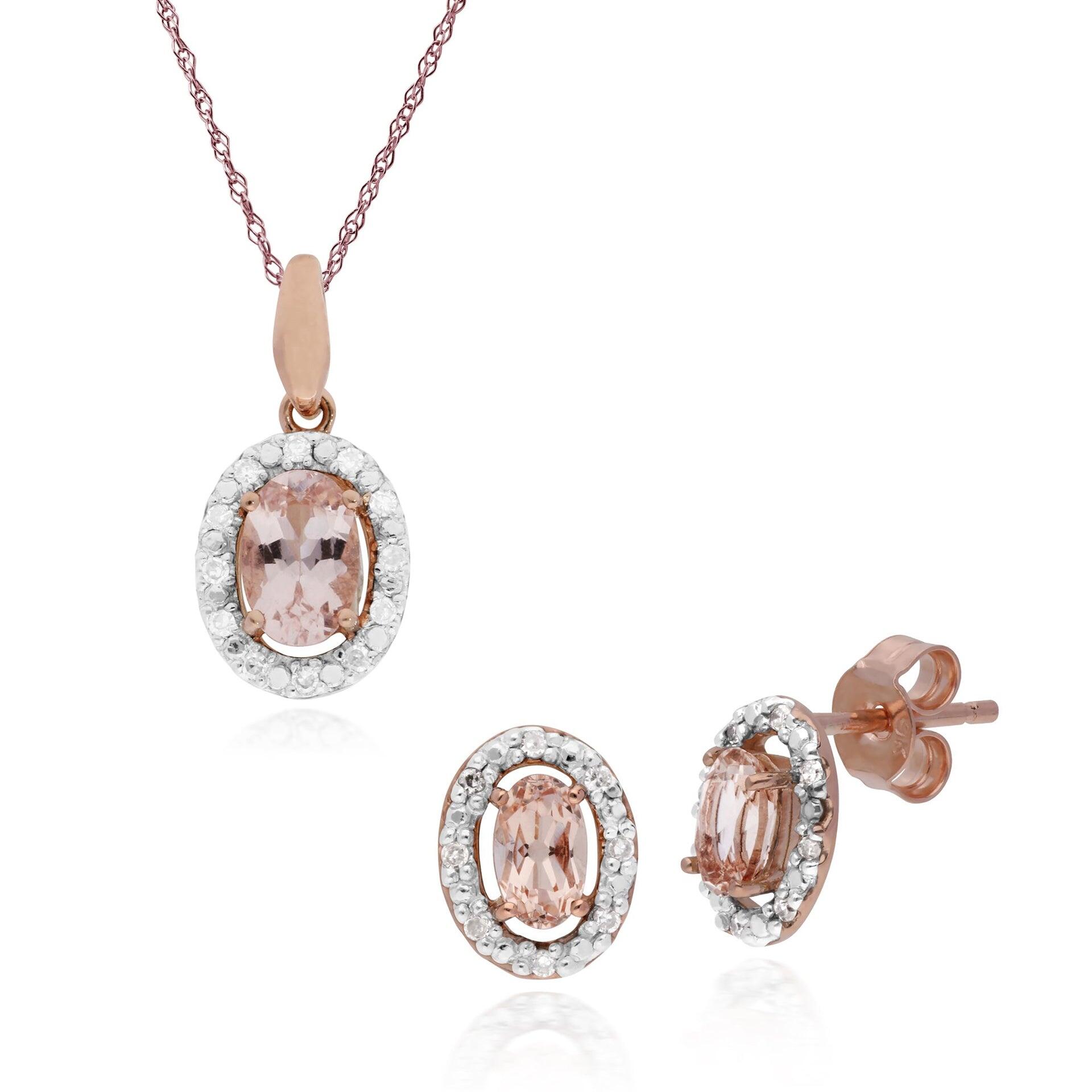 Classic Oval Morganite & Diamond Halo Stud Earrings & Pendant in 9ct Rose Gold