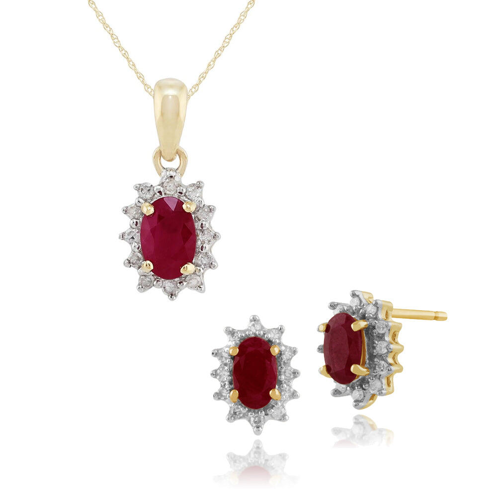 Classic Oval Ruby & Diamond Halo Stud Earrings & Pendant Set in 9ct Gold