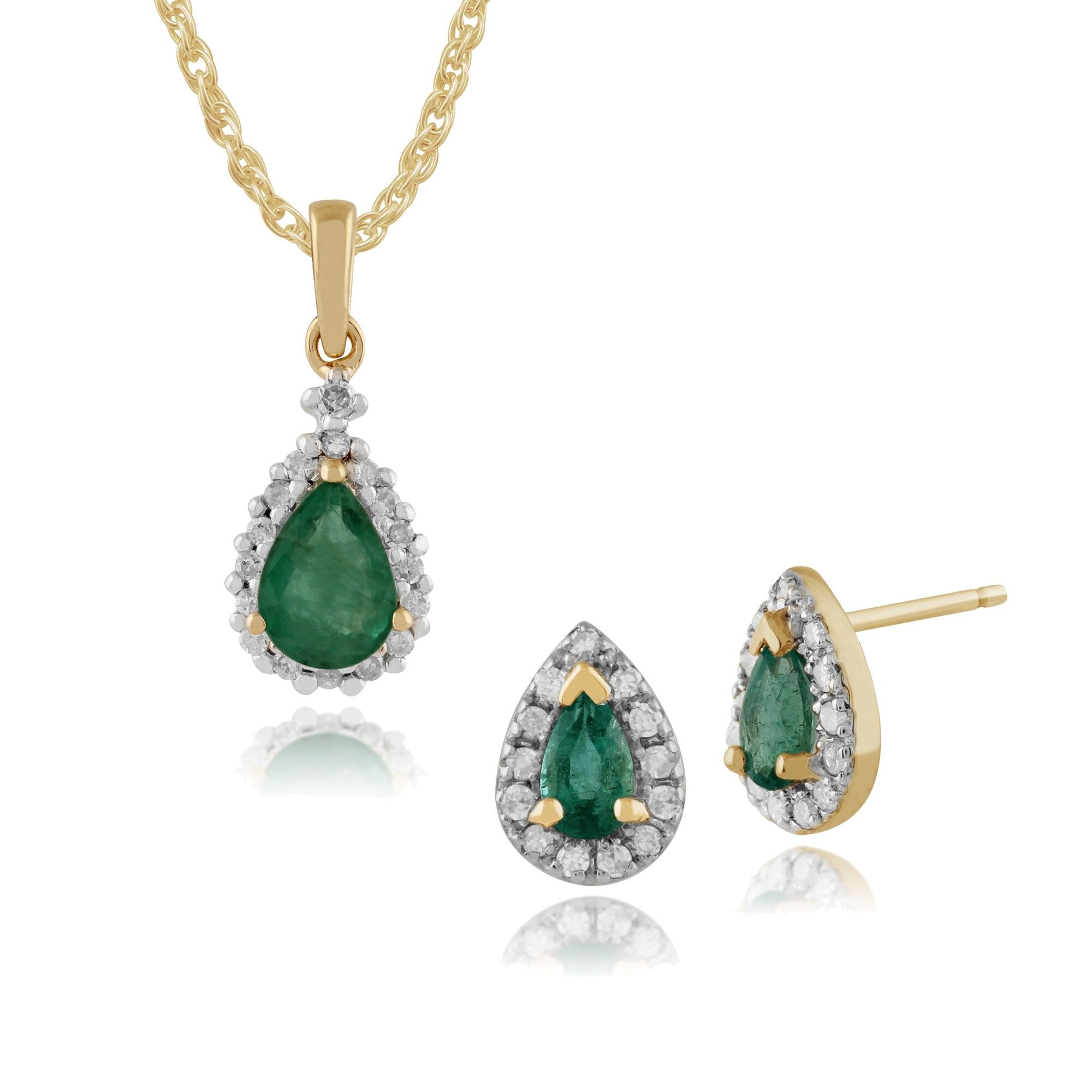 Classic Pear Emerald & Diamond Halo Stud Earrings & Pendant Set in 9ct Yellow Gold