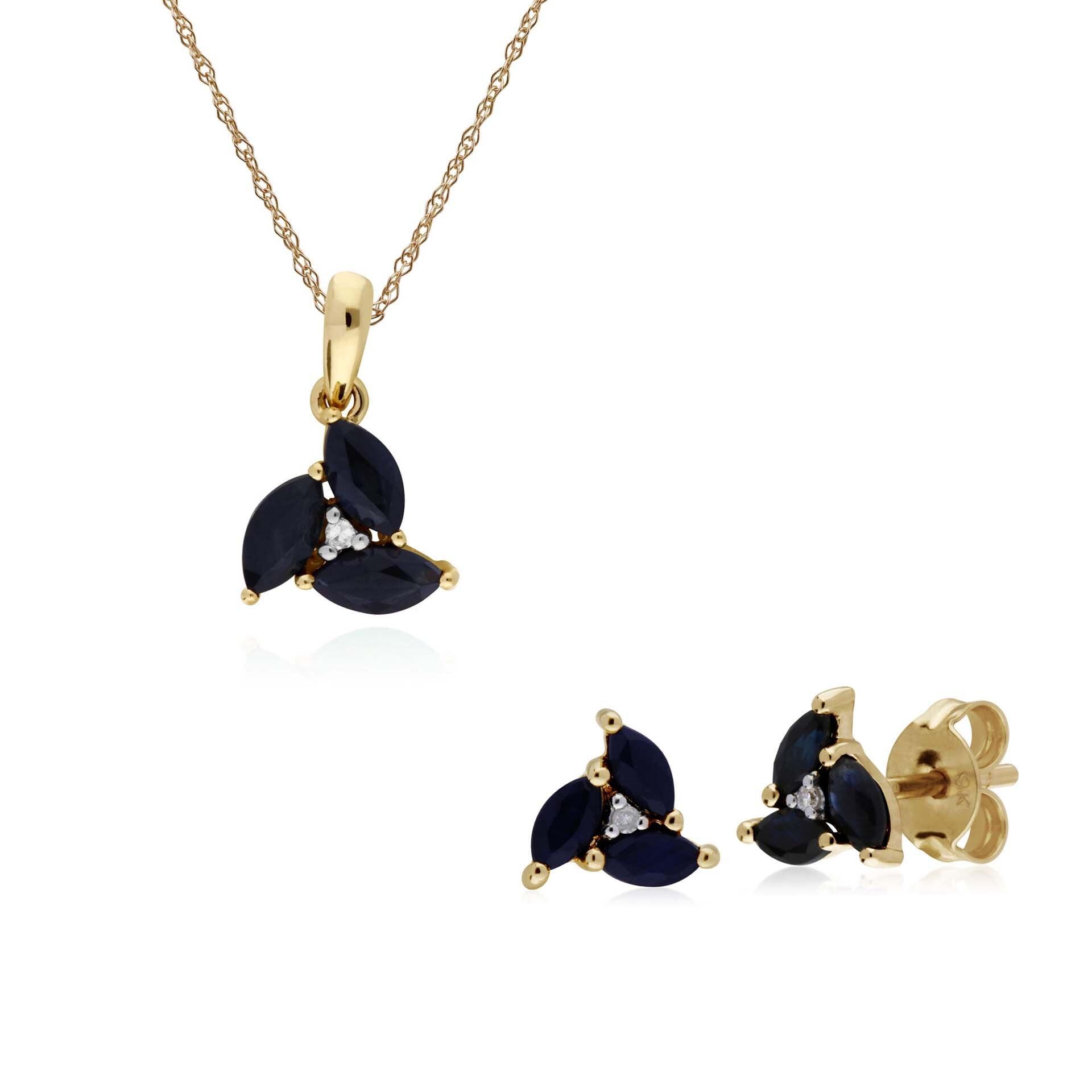 Classic Round Sapphire Marquise Cluster Stud Earrings & Necklace Set in 9ct Yellow Gold
