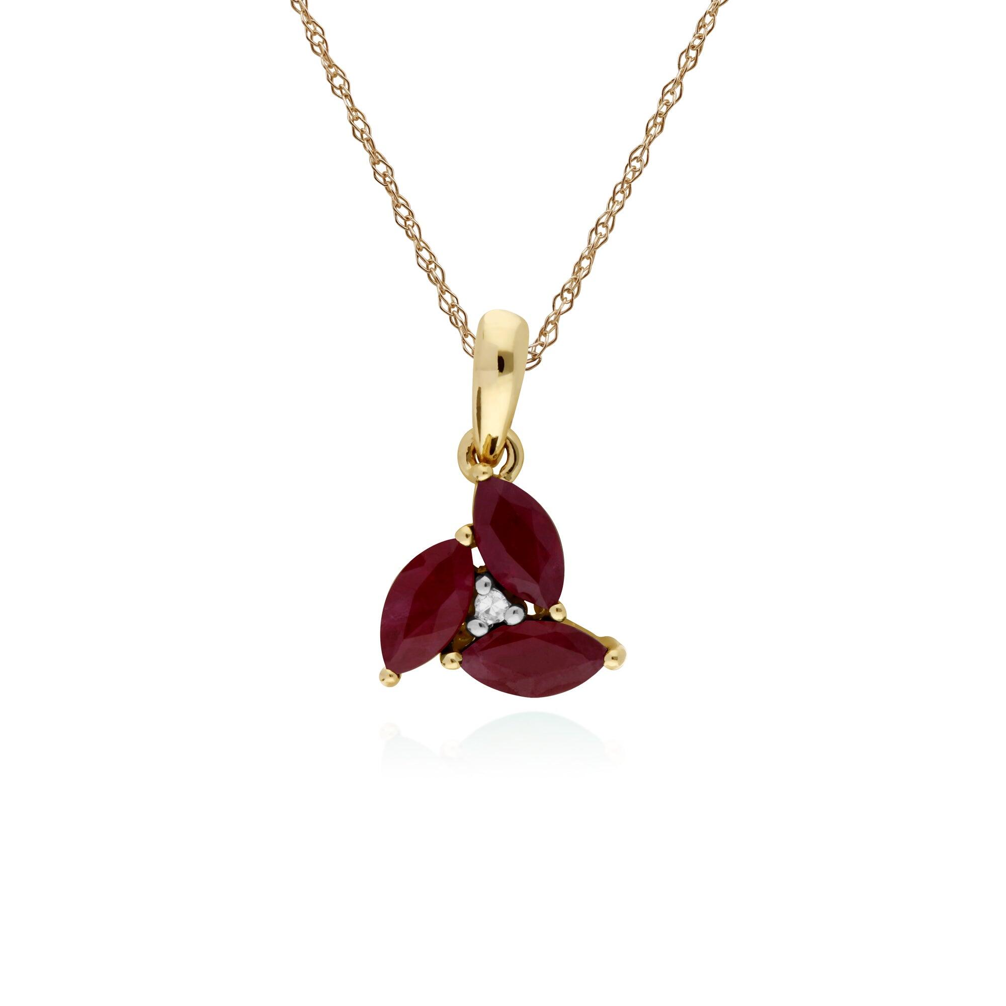 Floral Marquise Ruby & Diamond Cluster Pendant in 9ct Yellow Gold