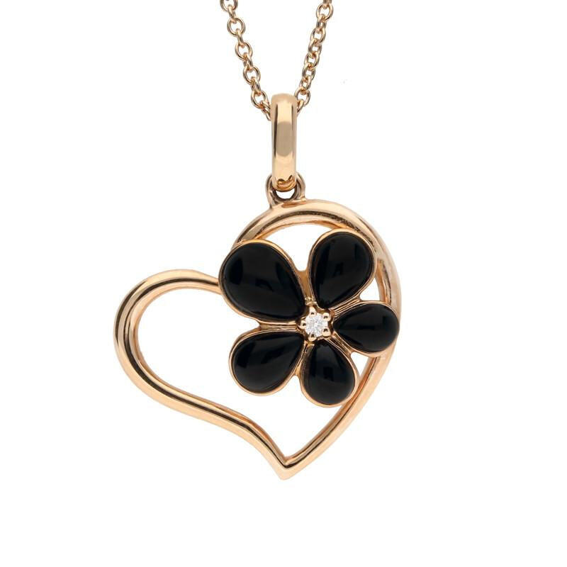 18ct Rose Gold Whitby Jet and Diamond Flower Heart Necklace