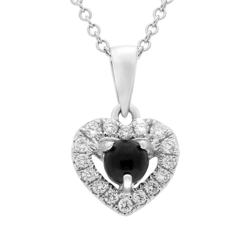 18ct White Gold Whitby Jet 0.13ct Diamond Claw Set Heart Necklace