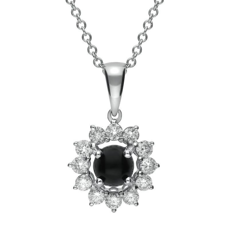 18ct White Gold Whitby Jet 0.31ct Diamond Round Centre Necklace