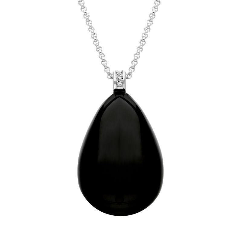 18ct White Gold Whitby Jet Diamond Carved Pear Drop Necklace