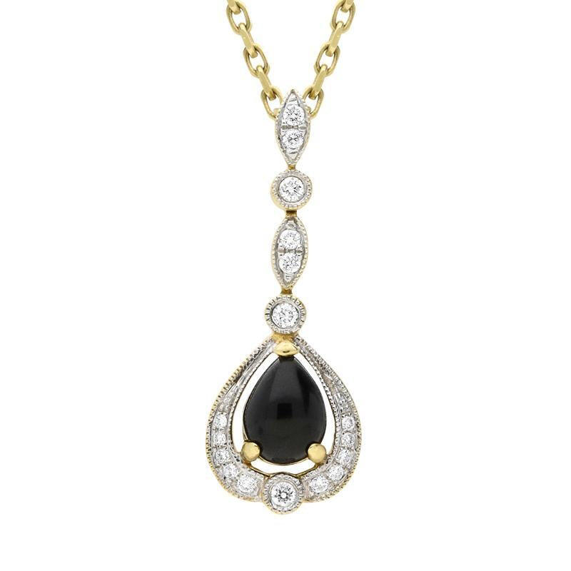 18ct Yellow Gold Whitby Jet Diamond Ornate Pear Drop Necklace