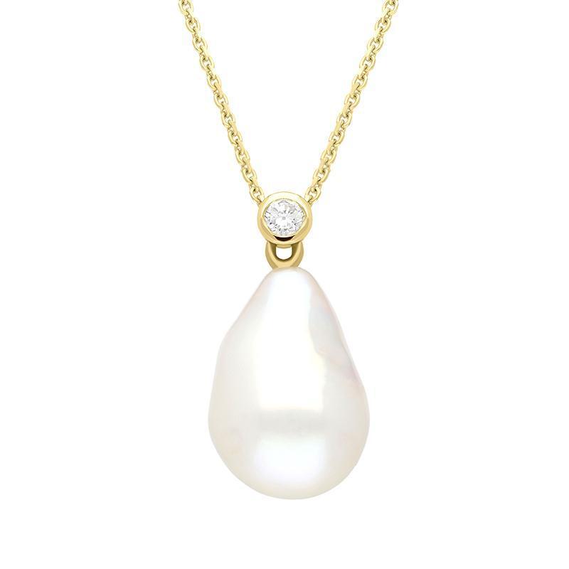 18ct Yellow Gold White Pearl 0.10ct Diamond Drop Necklace