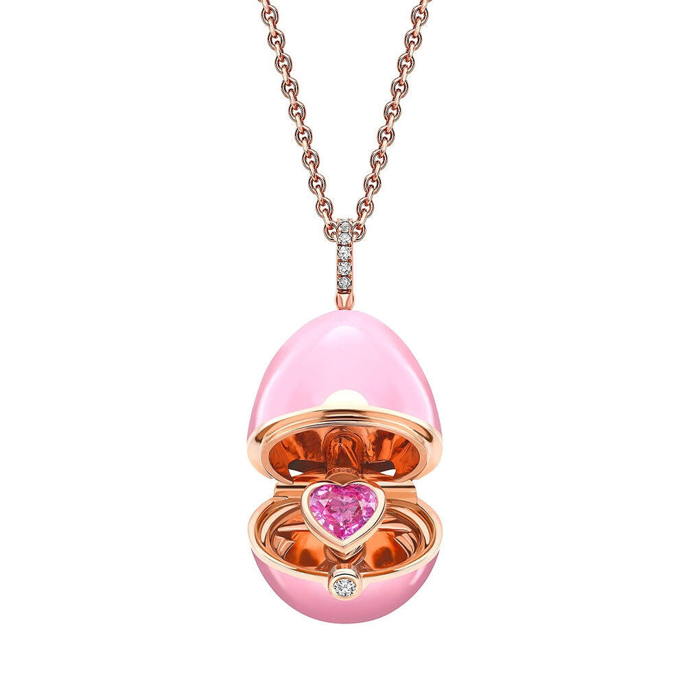 Faberge Essence 18ct Rose Gold Diamond Sapphire Pink Lacquer Heart Surprise Locket