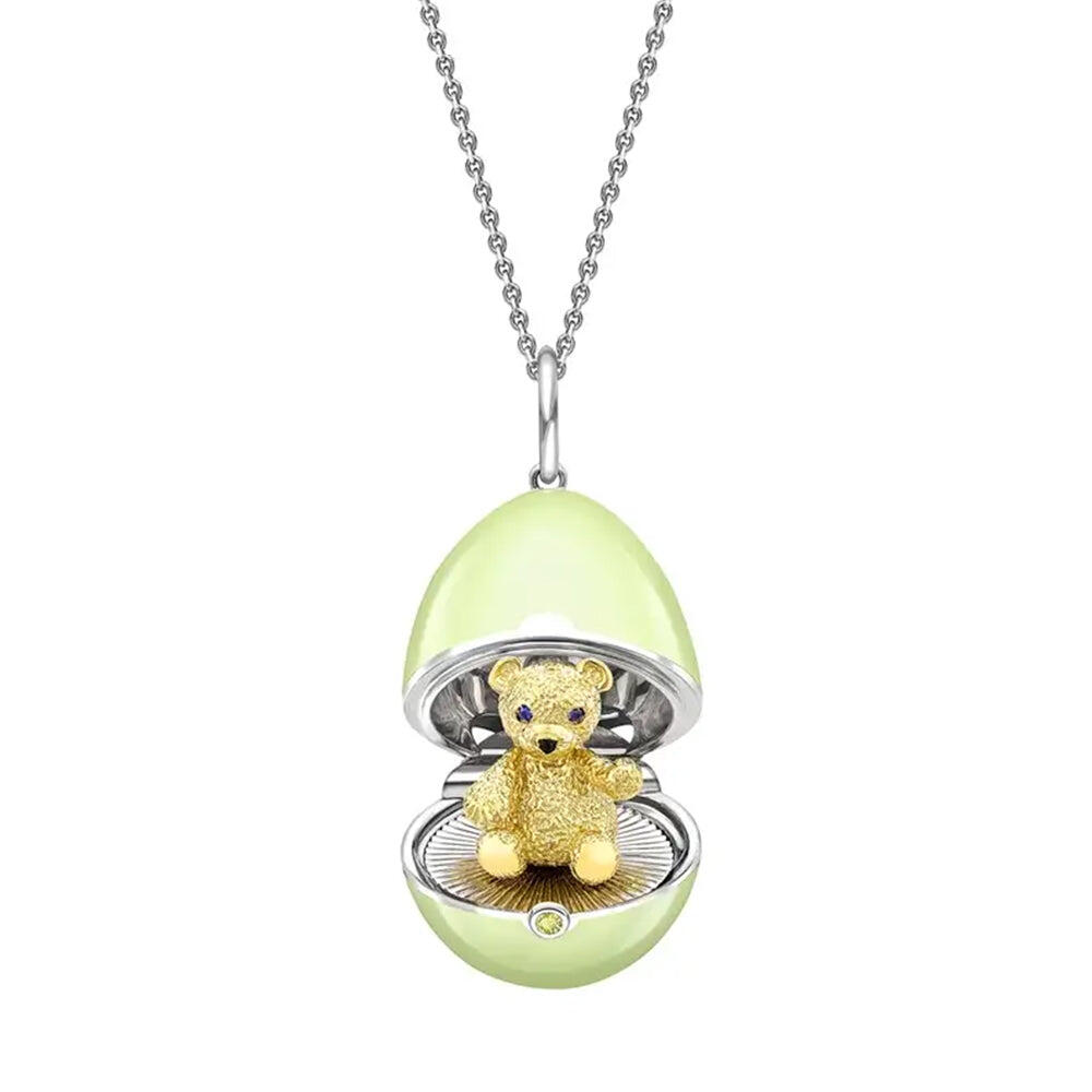Faberge Essence 18ct White and Yellow Gold Sapphire Green Lacquer Teddy Surprise Locket