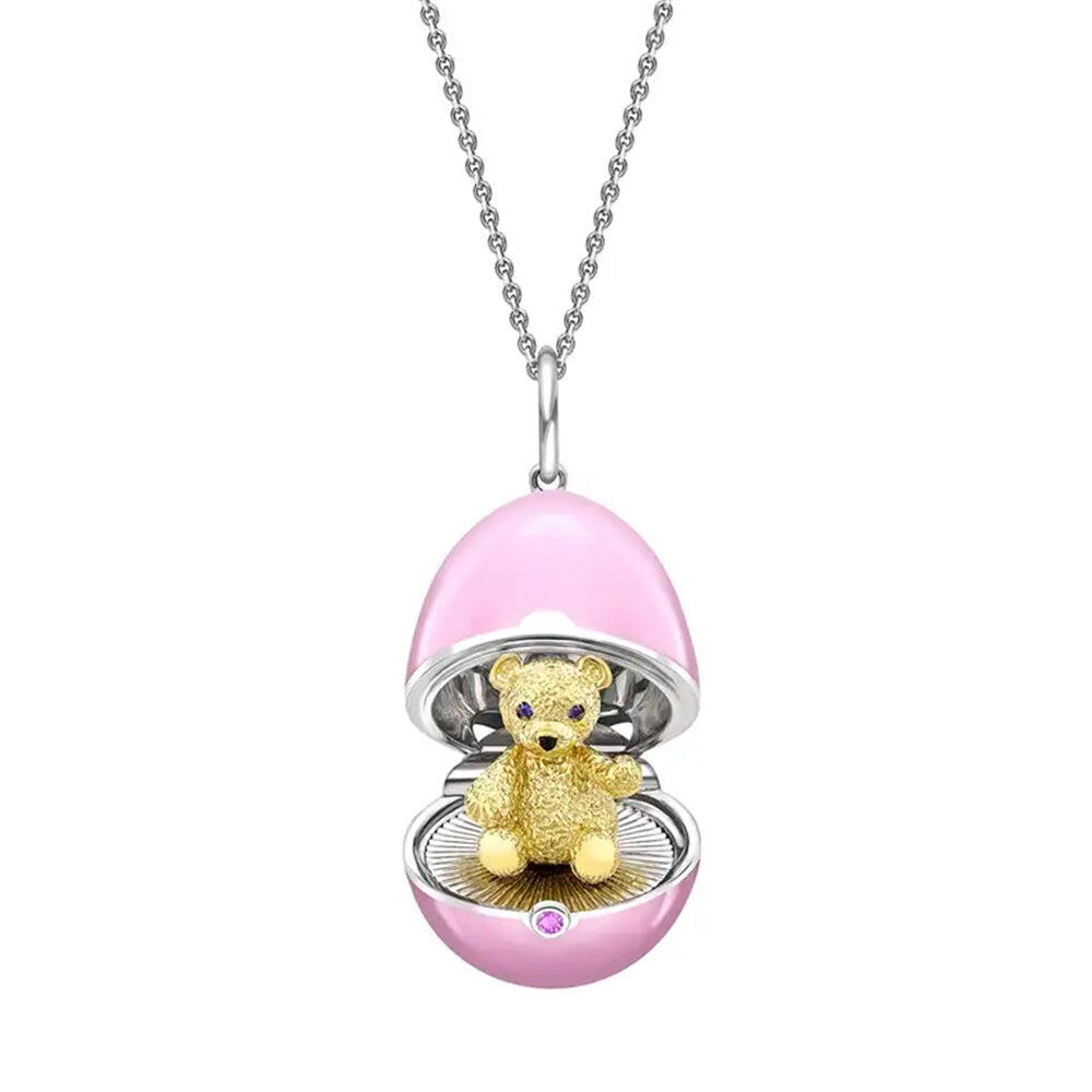 Faberge Essence 18ct White and Yellow Gold Sapphire Pink Lacquer Teddy Surprise Locket