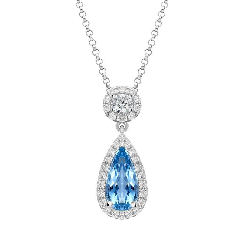 18ct White Gold 1.47ct Aquamarine Diamond Pear Cut Necklace