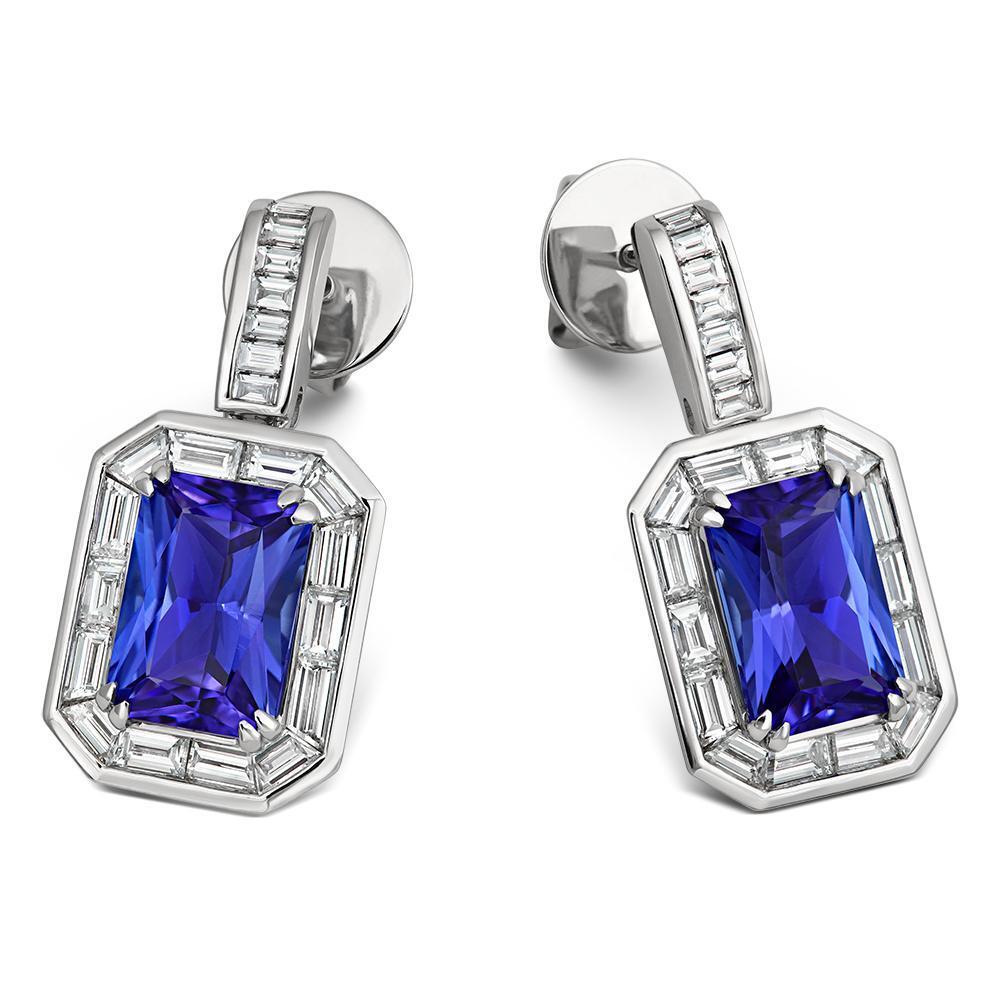 18ct White Gold 5.64ct Tanzanite Diamond Emerald Cut Earrings - Option1 Value / White Gold