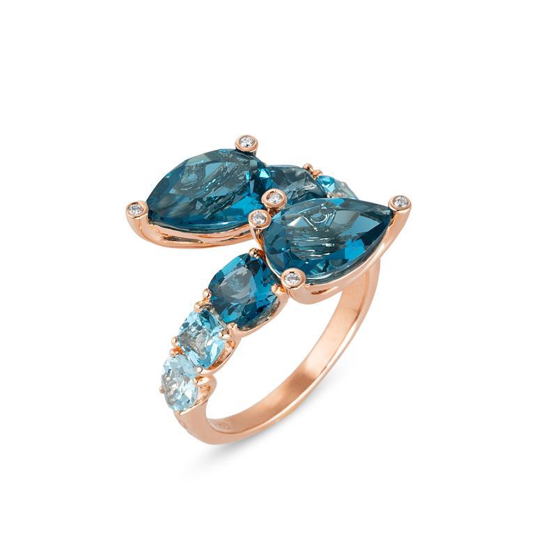 Ponte Vecchio Iris 18ct Rose Gold Blue Topaz Diamond Crossover Ring