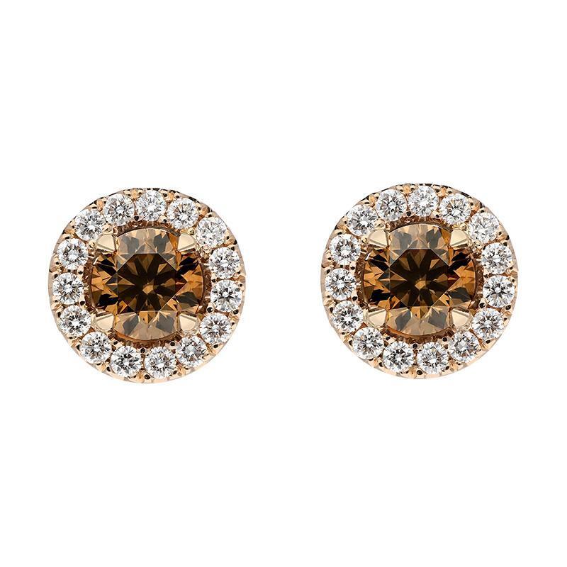 18ct Rose Gold Brown and White Diamond Round Cluster Stud Earrings