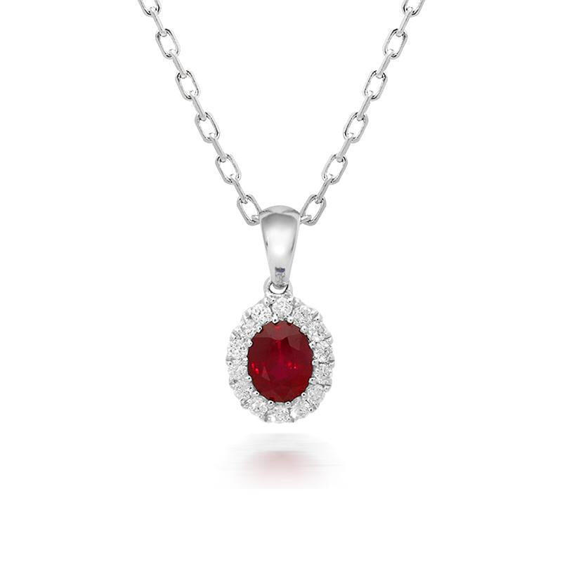 18ct White Gold 0.45ct Ruby Diamond Oval Cluster Necklace - Option1 Value / White Gold
