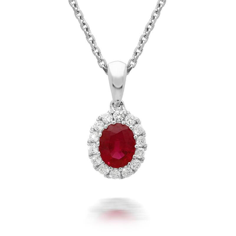 18ct White Gold 0.46ct Ruby Diamond Oval Cluster Necklace - Option1 Value / White Gold
