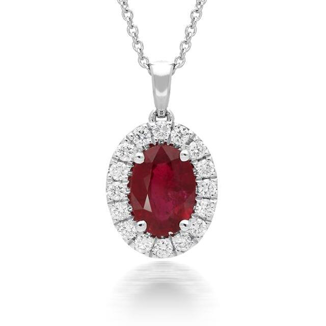 18ct White Gold 0.81ct Ruby Diamond Oval Cluster Necklace - Option1 Value / White Gold