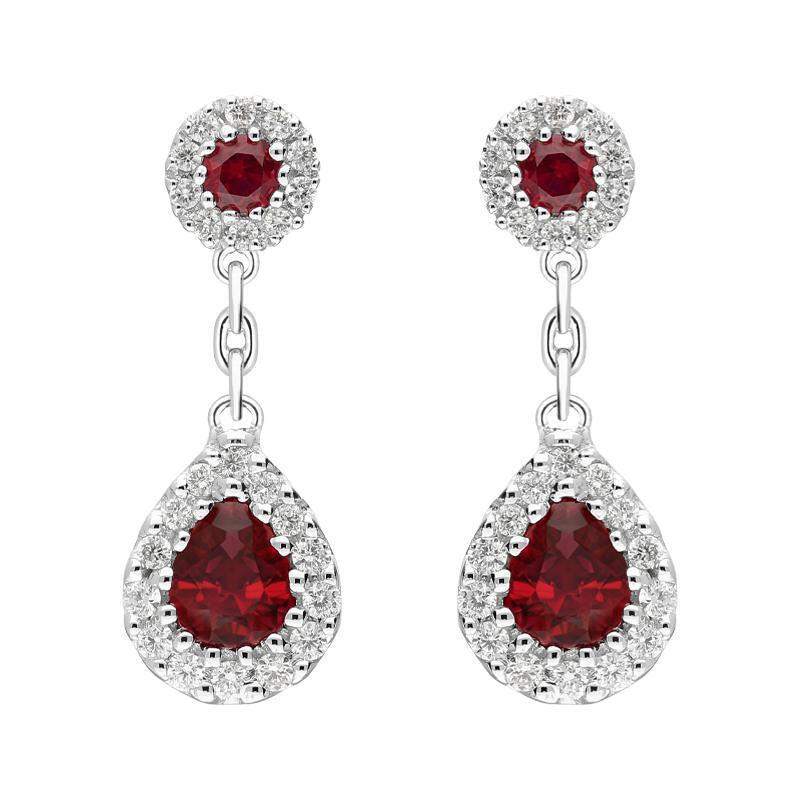 18ct White Gold 0.82ct Ruby Diamond Pear Cluster Drop Earrings