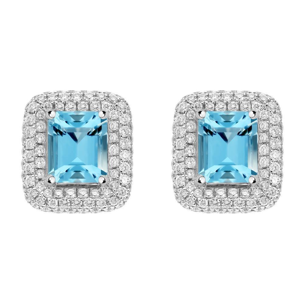 18ct White Gold 1.44ct Aquamarine 0.57ct Diamond Cushion Stud Earrings - Option1 Value / White Gold