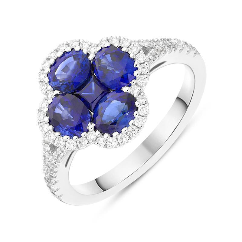 18ct White Gold 1.93ct Sapphire 0.30ct Diamond Clover Cluster Ring - Option1 Value / White Gold