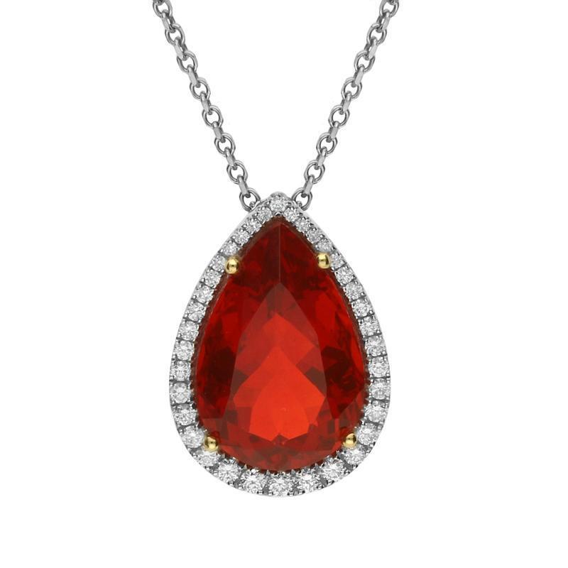 18ct White Gold 5.96ct Fire Opal Diamond Pear Cut Cluster Necklace - Option1 Value / White Gold