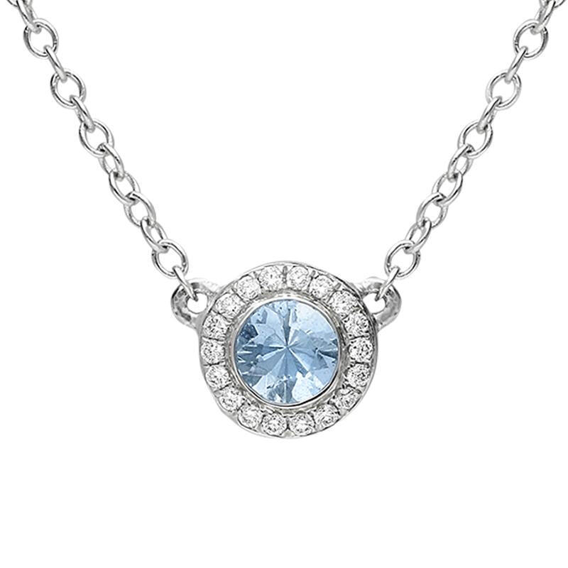 18ct White Gold Aquamarine Diamond Halo Necklace - Option1 Value / White Gold