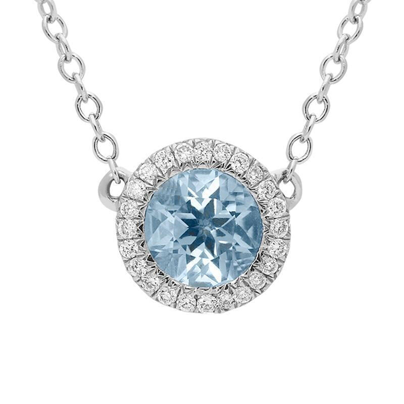 18ct White Gold Aquamarine Diamond Halo Necklace - Option1 Value / White Gold