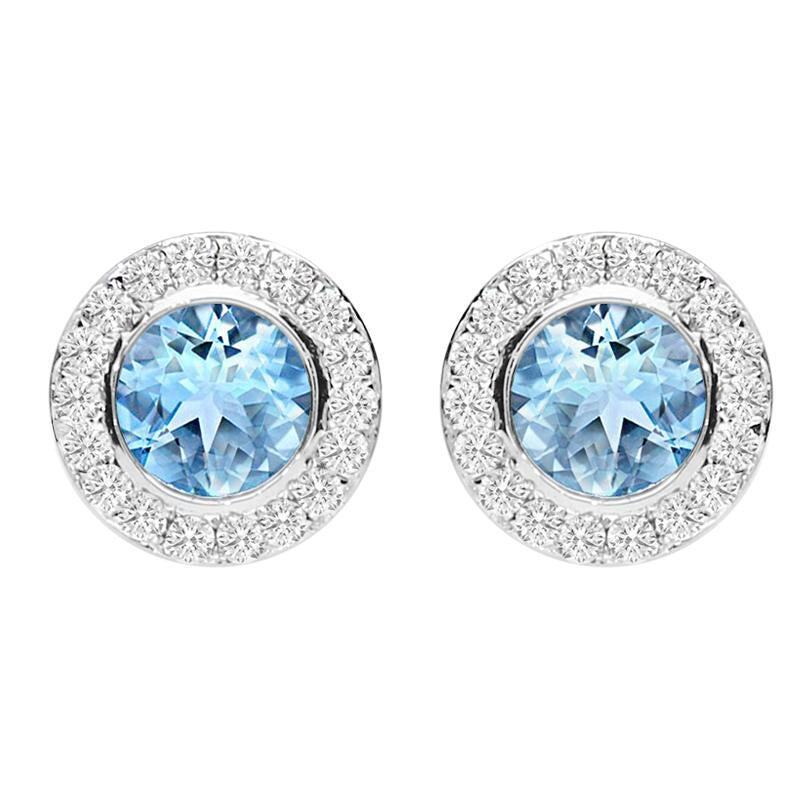 18ct White Gold Aquamarine Diamond Pave Round Stud Earrings - Option1 Value / White Gold