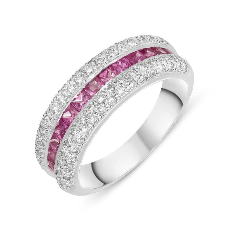18ct White Gold Diamond Pink Sapphire Three Row Ring - Default Title / White Gold
