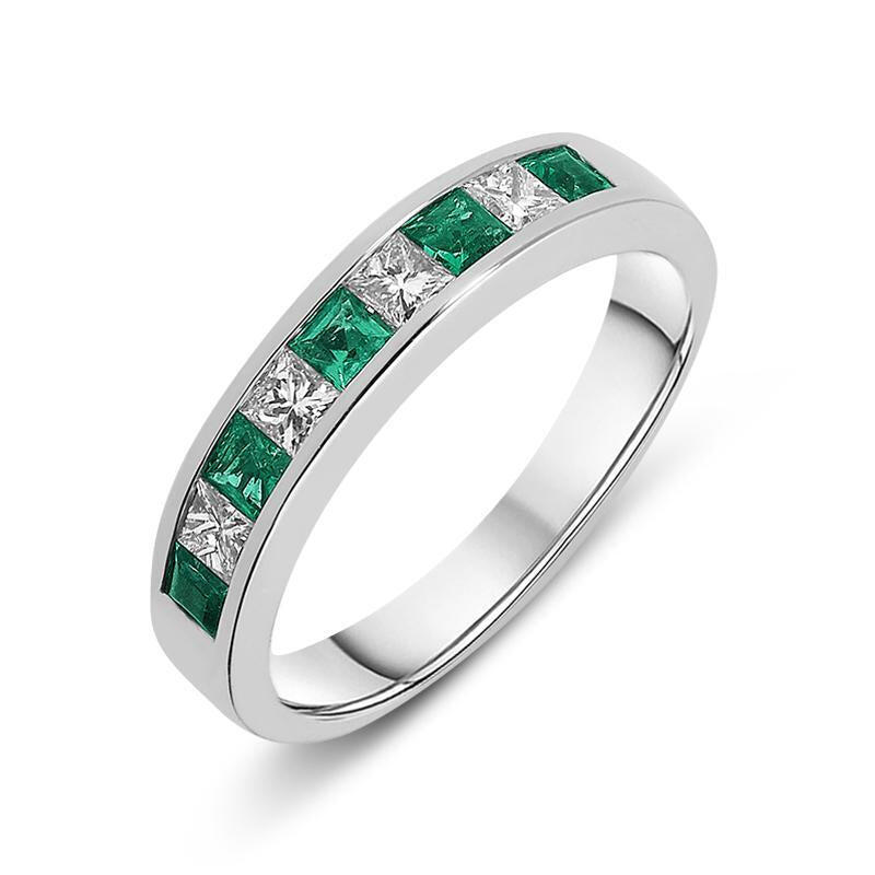 18ct White Gold Emerald Diamond Princess Cut Half Eternity Ring - Option1 Value / White Gold