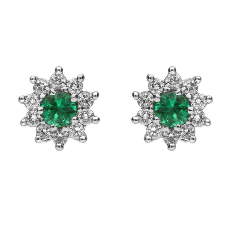 18ct White Gold Emerald and Diamond Round Cluster Stud Earrings
