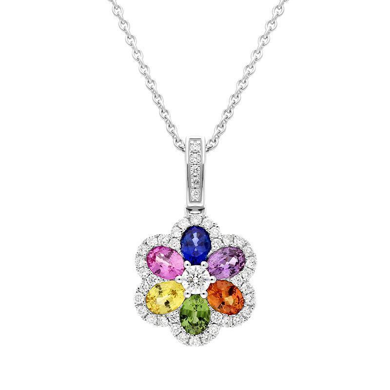18ct White Gold Rainbow Sapphire 1.23ct Diamond Floral Cluster Necklace - Option1 Value / White Gold