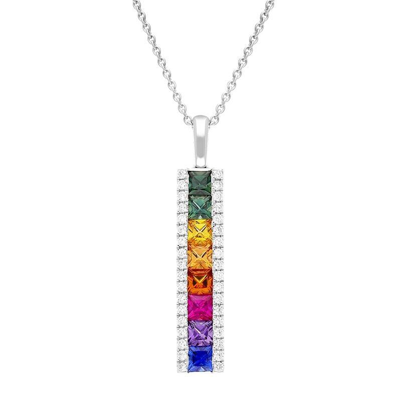18ct White Gold Rainbow Sapphire 1.77ct Diamond Bar Necklace - Option1 Value / White Gold