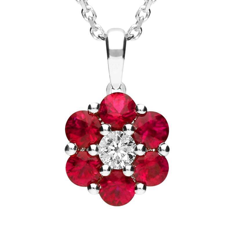 18ct White Gold Ruby and Diamond Flower Necklace - Option1 Value / White Gold