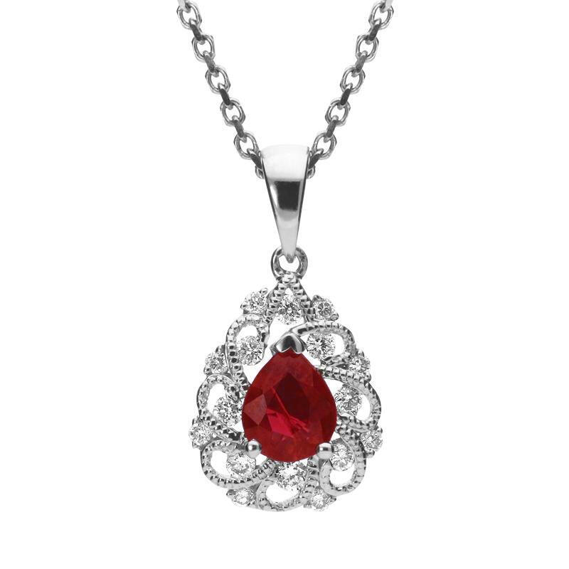 18ct White Gold Ruby and Diamond Pear Swirl Necklace - Default Title / White Gold