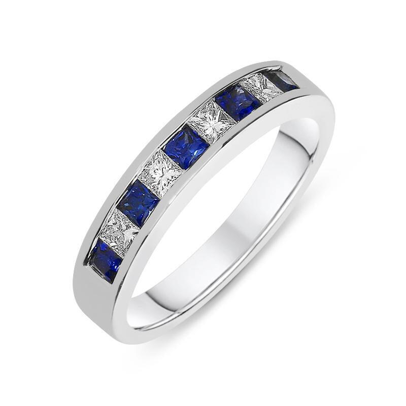 18ct White Gold Sapphire Diamond Princess Cut Half Eternity Ring - Option1 Value / White Gold