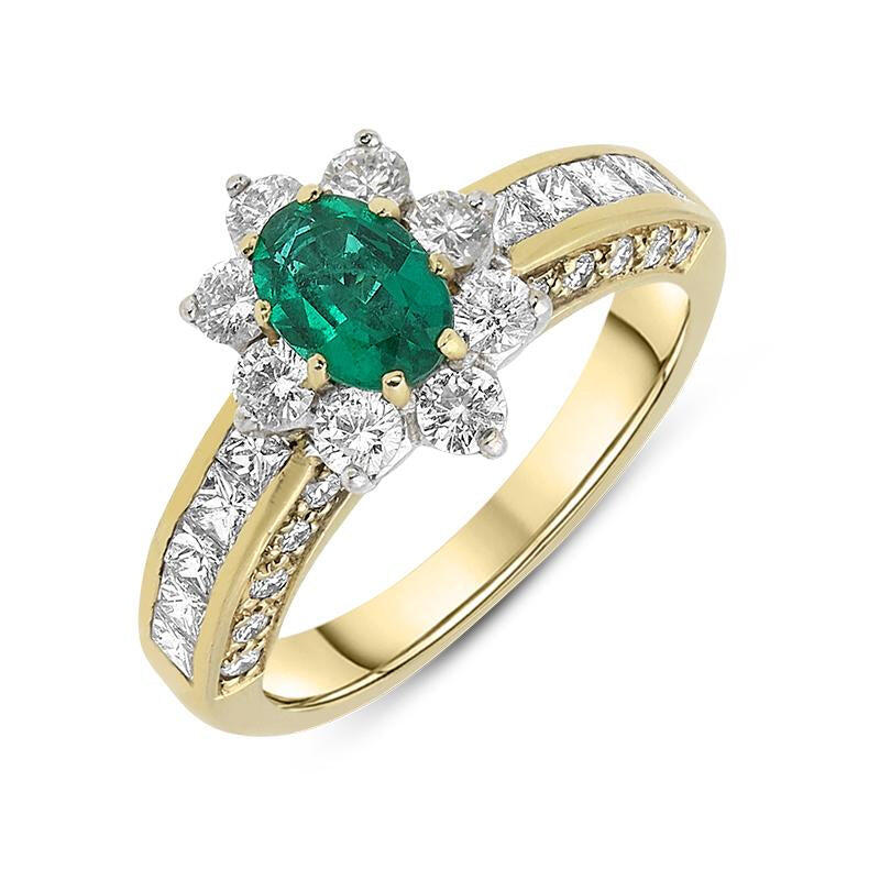 18ct Yellow Gold Emerald Diamond Cluster Ring - M