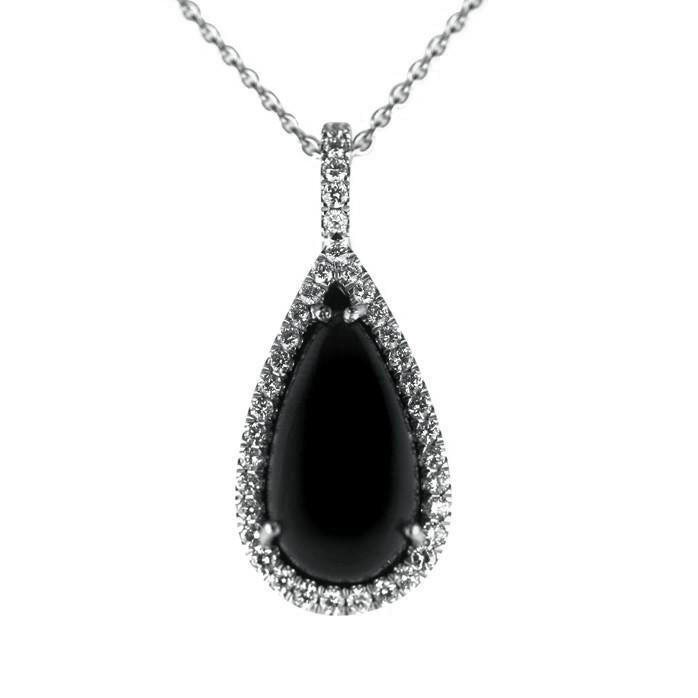 18ct White Gold Diamond and Whitby Jet Pear Necklace - Default Title / White Gold