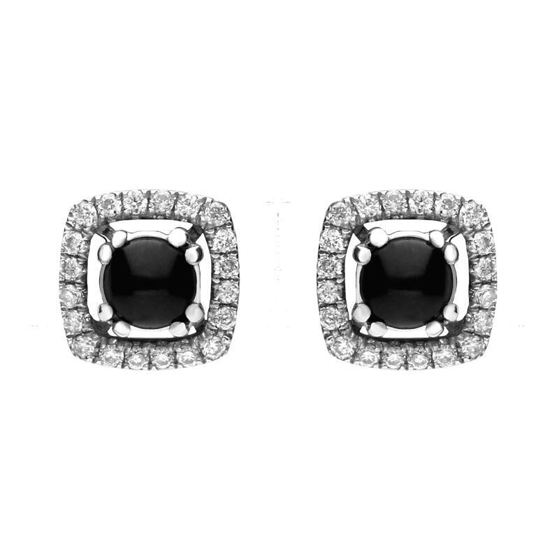 18ct White Gold Whitby Jet 0.12ct Diamond Pave Set Cushion Earrings