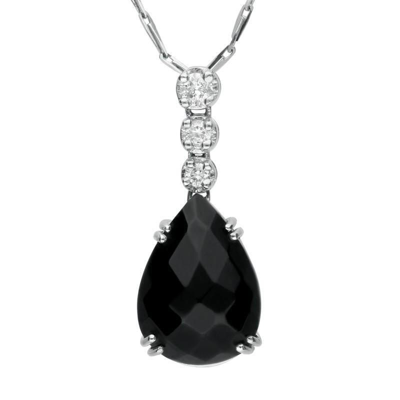 18ct White Gold Whitby Jet 0.14ct Diamond Faceted Pear Necklace - Default Title / White Gold